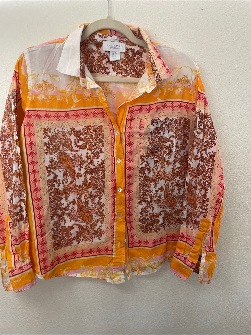 Calypso St. Barth Orange and Brown Paisley Button-Down Shirt 100% cotton 22x24